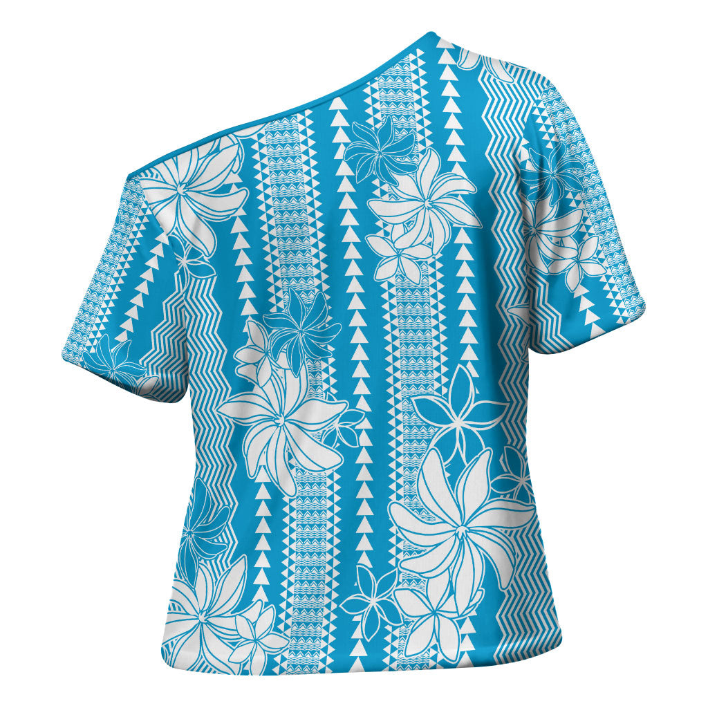 Hawaii Kakau Tribal Cross Shoulder Shirt With Blue Tiare