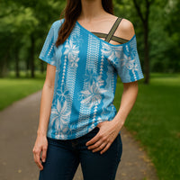 Hawaii Kakau Tribal Cross Shoulder Shirt With Blue Tiare