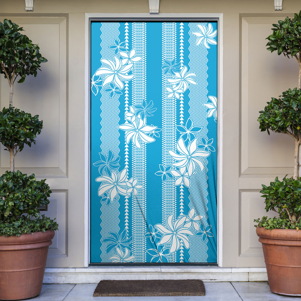 Hawaii Kakau Tribal Door Cover With Blue Tiare LT05 Blue - Polynesian Pride