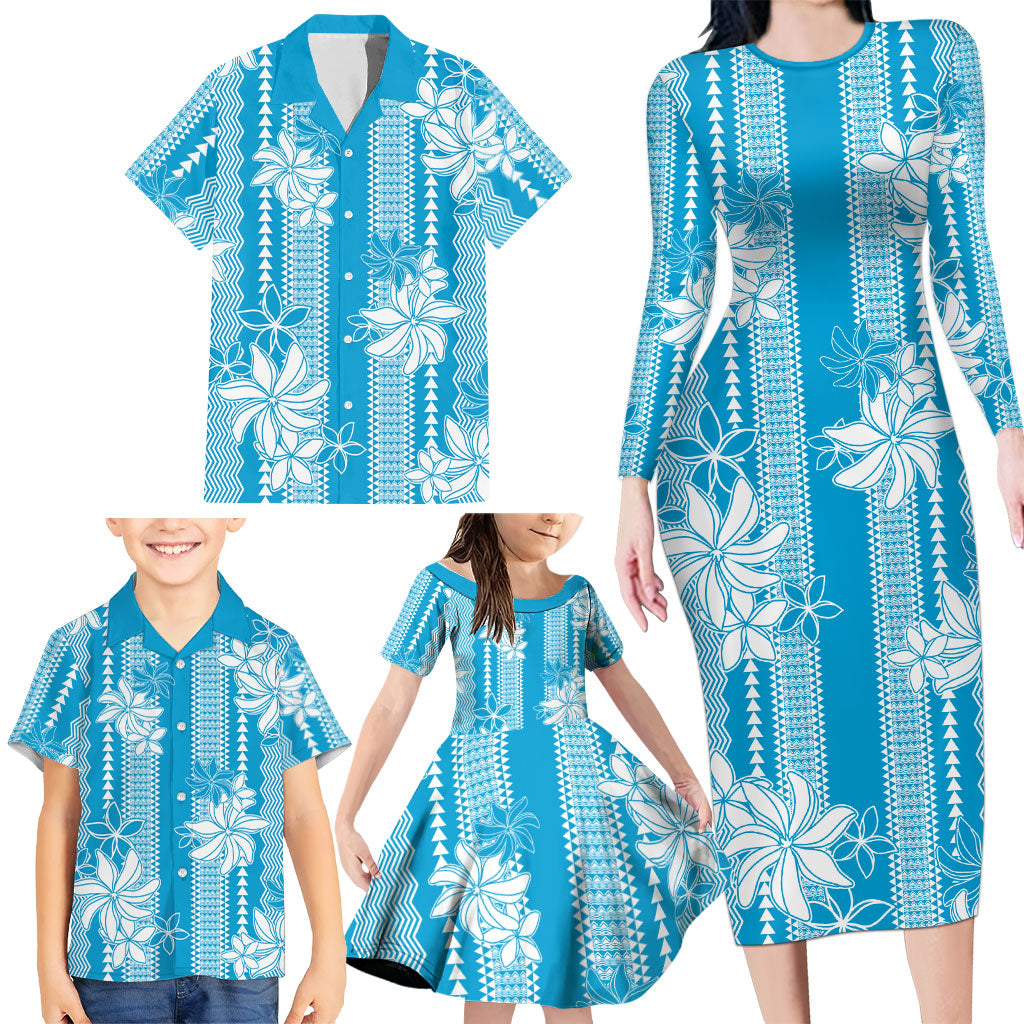 Hawaii Kakau Tribal Family Matching Long Sleeve Bodycon Dress and Hawaiian Shirt With Blue Tiare LT05 - Polynesian Pride