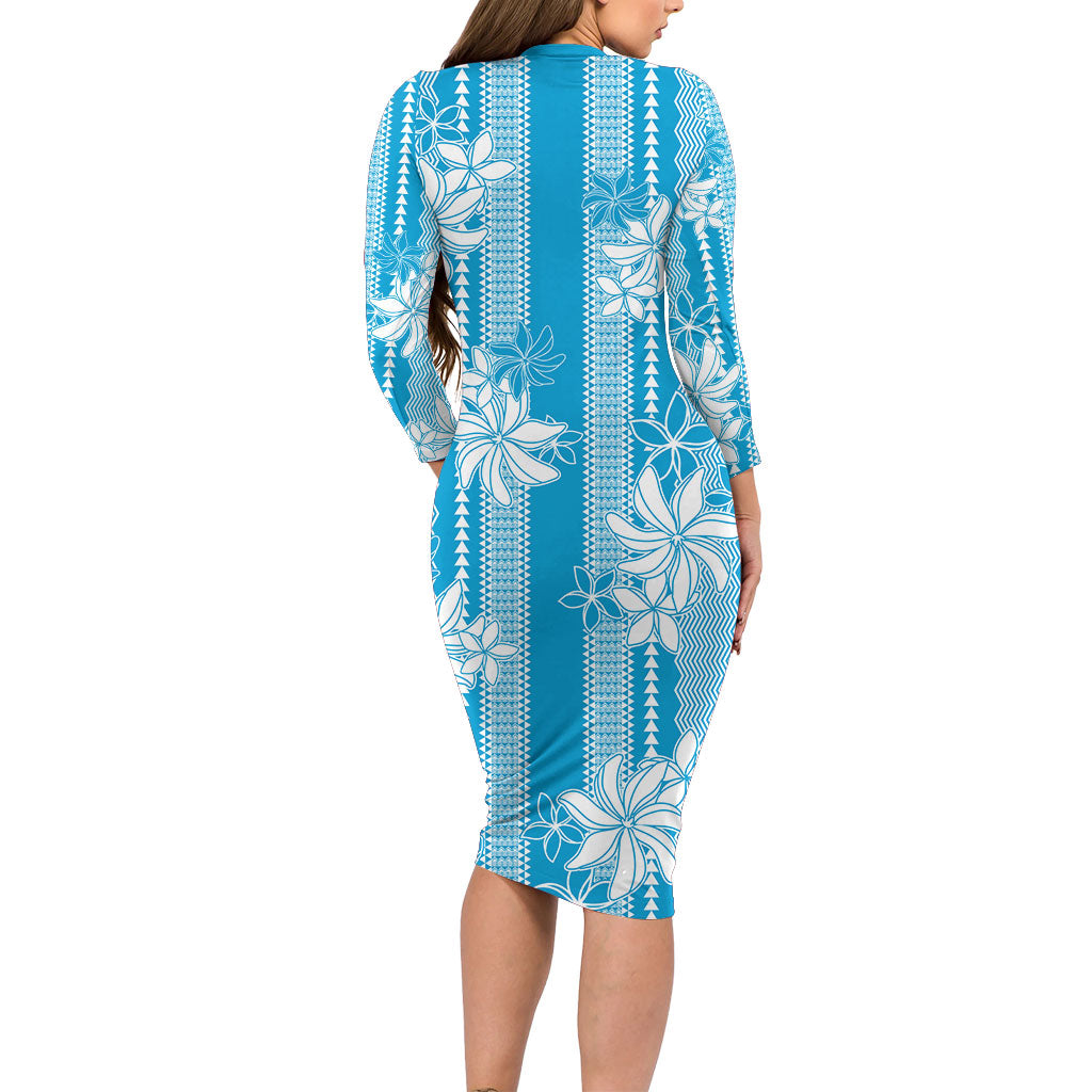 Hawaii Kakau Tribal Family Matching Long Sleeve Bodycon Dress and Hawaiian Shirt With Blue Tiare