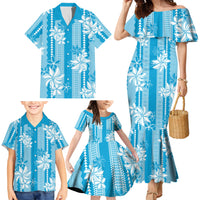 Hawaii Kakau Tribal Family Matching Mermaid Dress and Hawaiian Shirt With Blue Tiare
