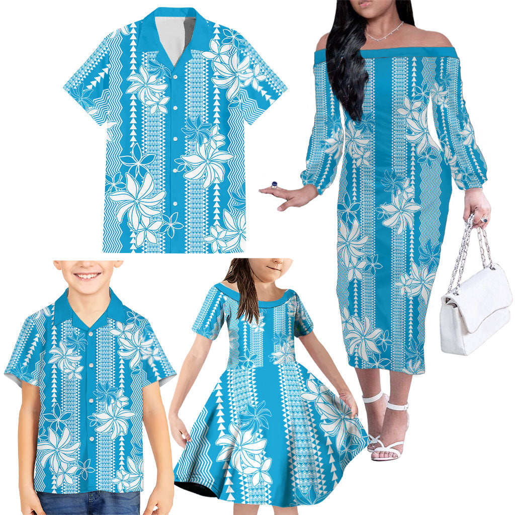 Hawaii Kakau Tribal Family Matching Off The Shoulder Long Sleeve Dress and Hawaiian Shirt With Blue Tiare
