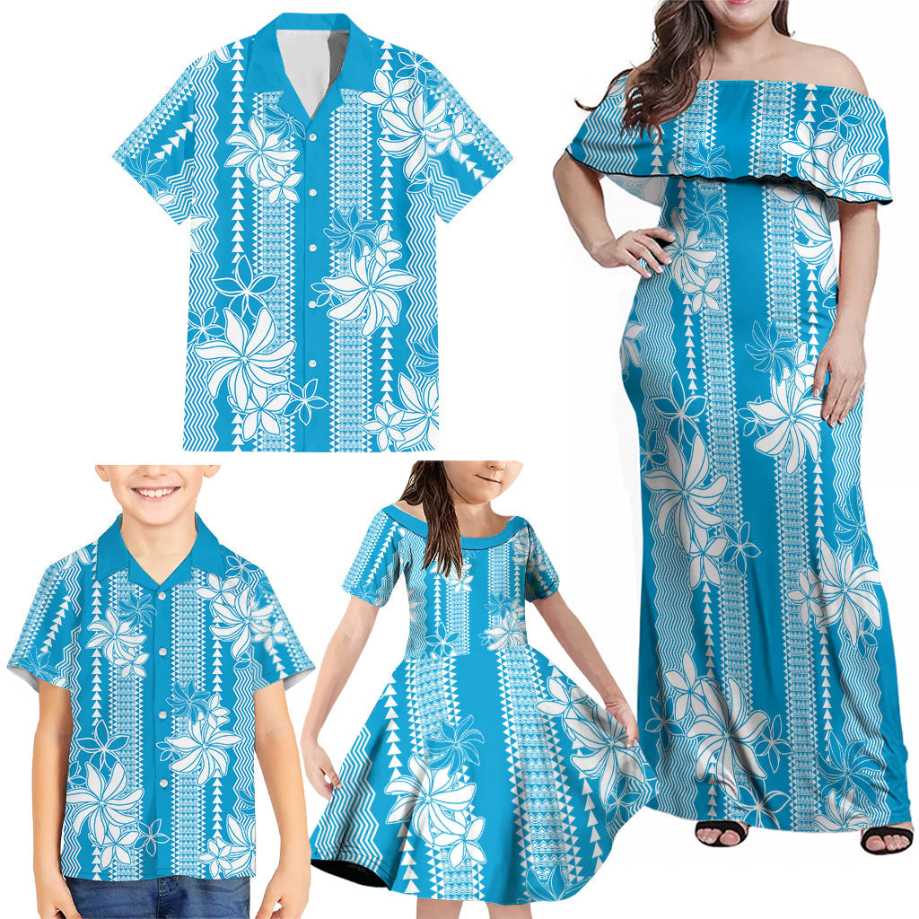 Hawaii Kakau Tribal Family Matching Off Shoulder Maxi Dress and Hawaiian Shirt With Blue Tiare