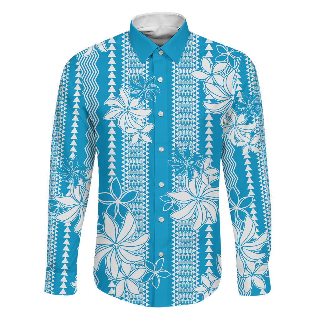 Hawaii Kakau Tribal Family Matching Off Shoulder Maxi Dress and Hawaiian Shirt With Blue Tiare