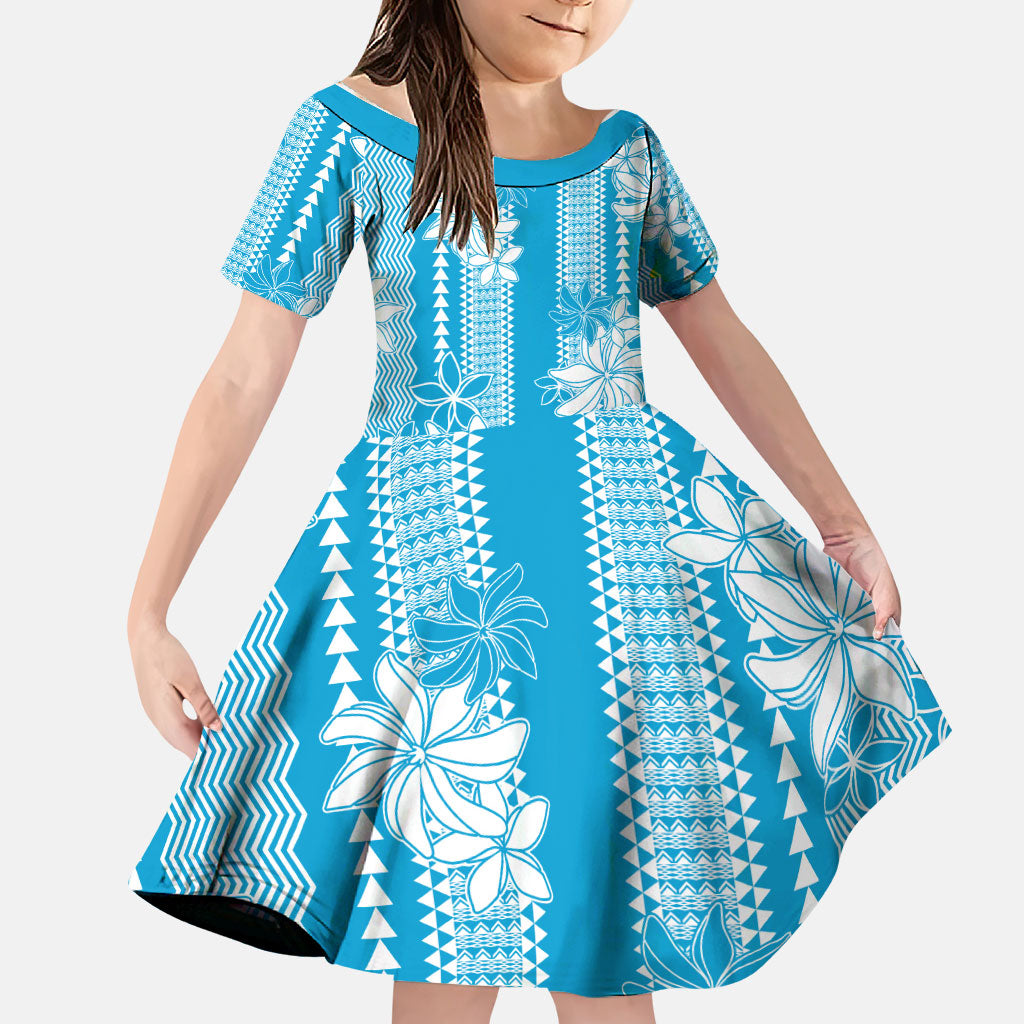 Hawaii Kakau Tribal Family Matching Off Shoulder Short Dress and Hawaiian Shirt With Blue Tiare