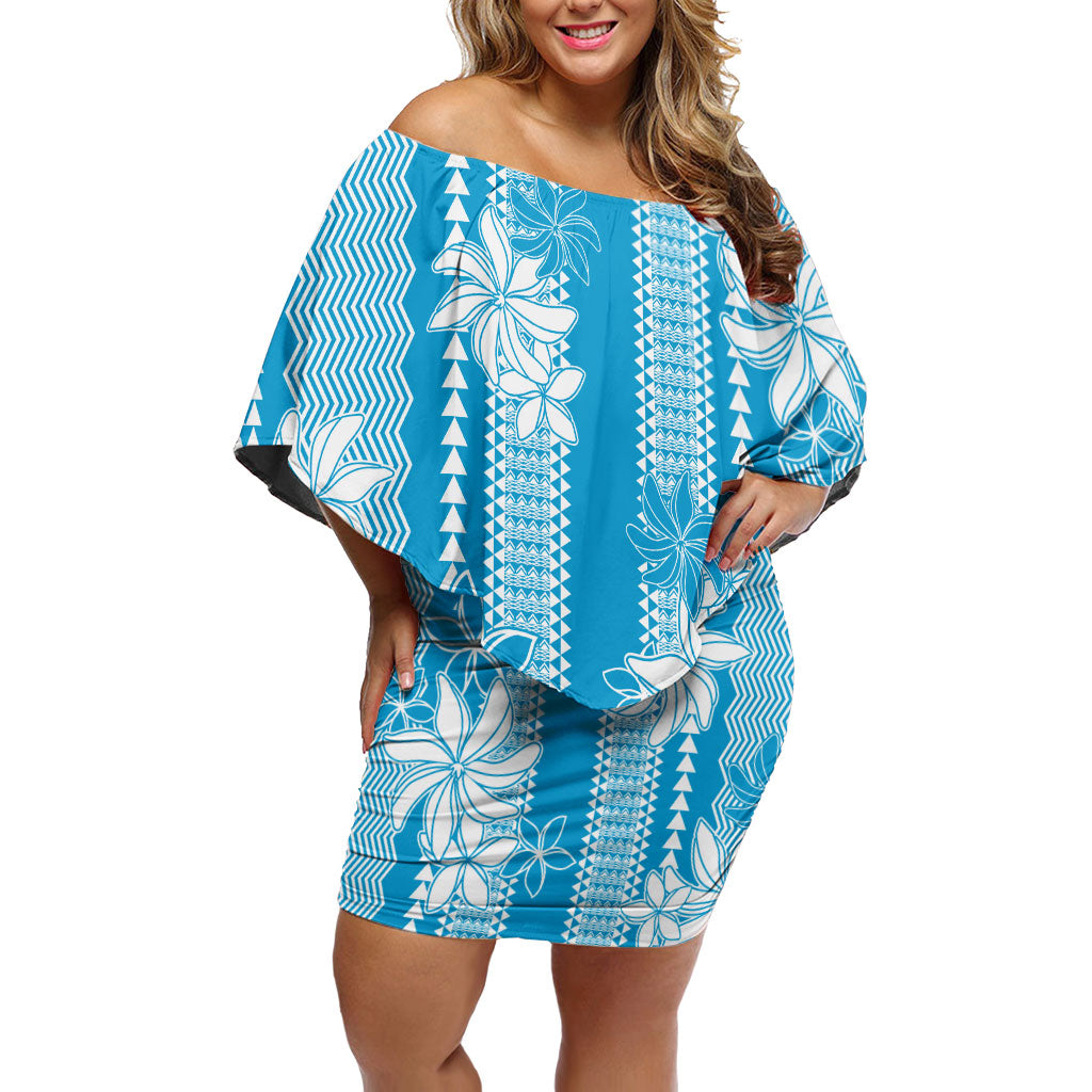 Hawaii Kakau Tribal Family Matching Off Shoulder Short Dress and Hawaiian Shirt With Blue Tiare