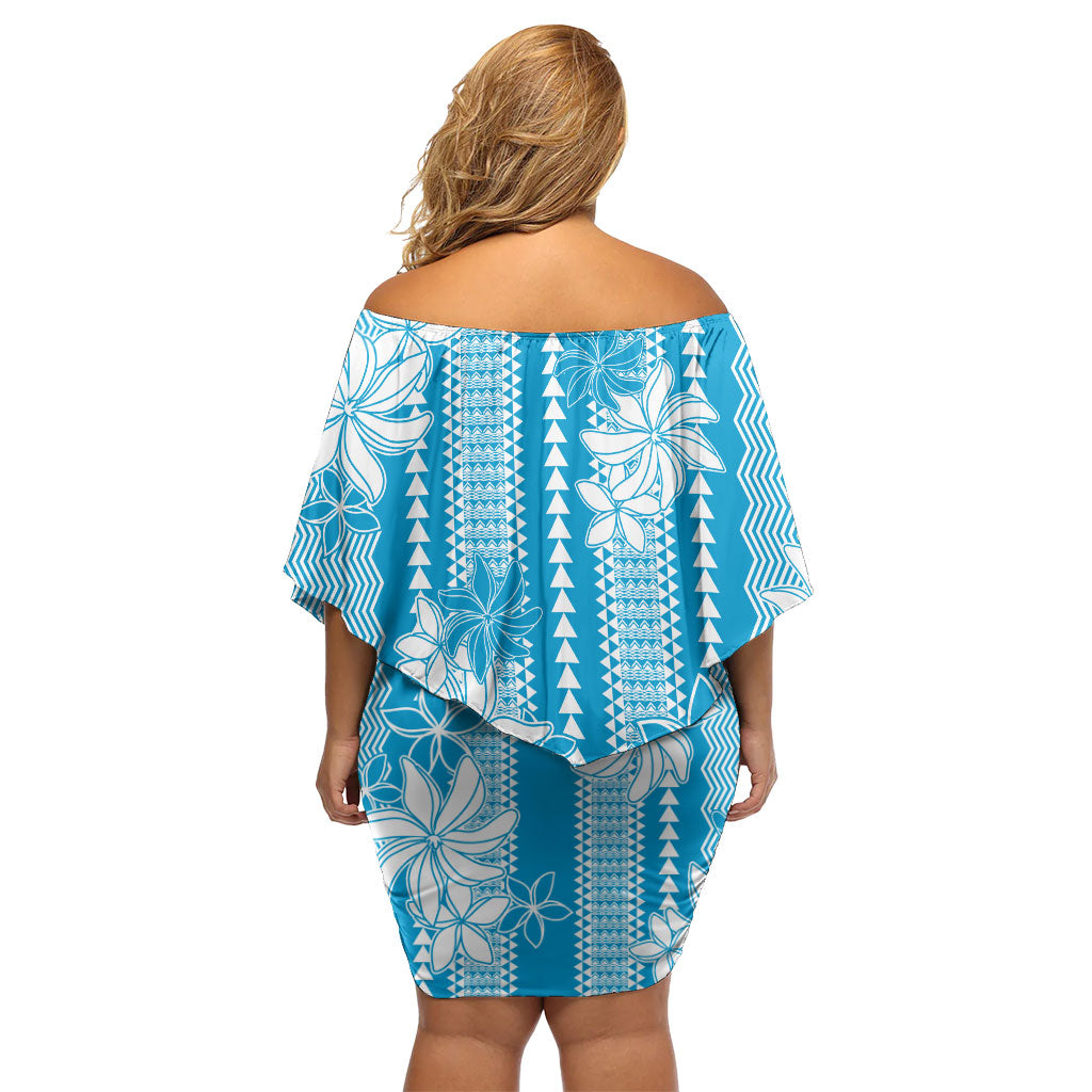 Hawaii Kakau Tribal Family Matching Off Shoulder Short Dress and Hawaiian Shirt With Blue Tiare