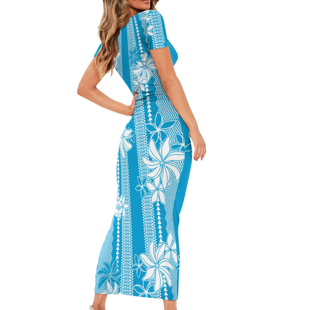 Hawaii Kakau Tribal Family Matching Short Sleeve Bodycon Dress and Hawaiian Shirt With Blue Tiare