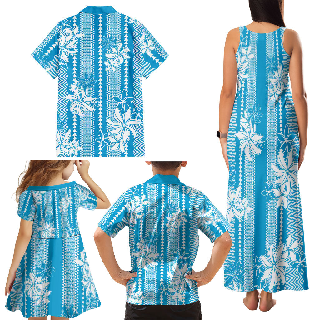 Hawaii Kakau Tribal Family Matching Tank Maxi Dress and Hawaiian Shirt With Blue Tiare