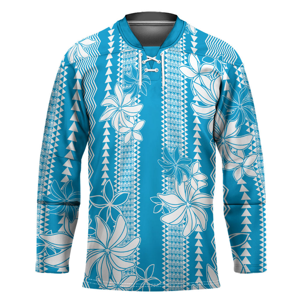 Hawaii Kakau Tribal Hockey Jersey With Blue Tiare LT05 Unisex Blue - Polynesian Pride