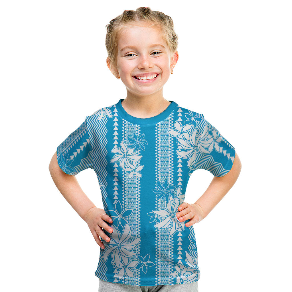 Hawaii Kakau Tribal Kid T Shirt With Blue Tiare LT05 Blue - Polynesian Pride