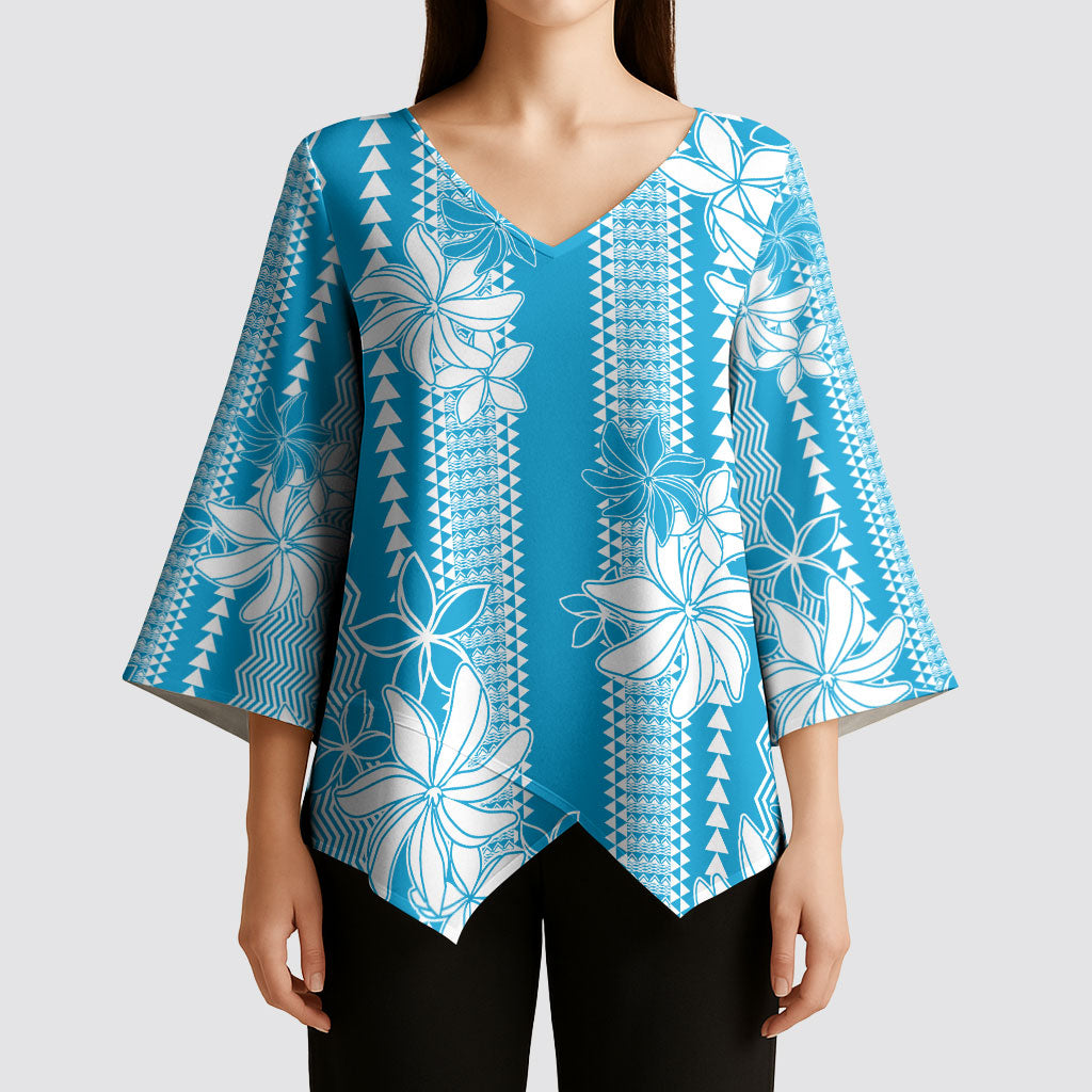 Hawaii Kakau Tribal Kimono Sleeve Blouse With Blue Tiare