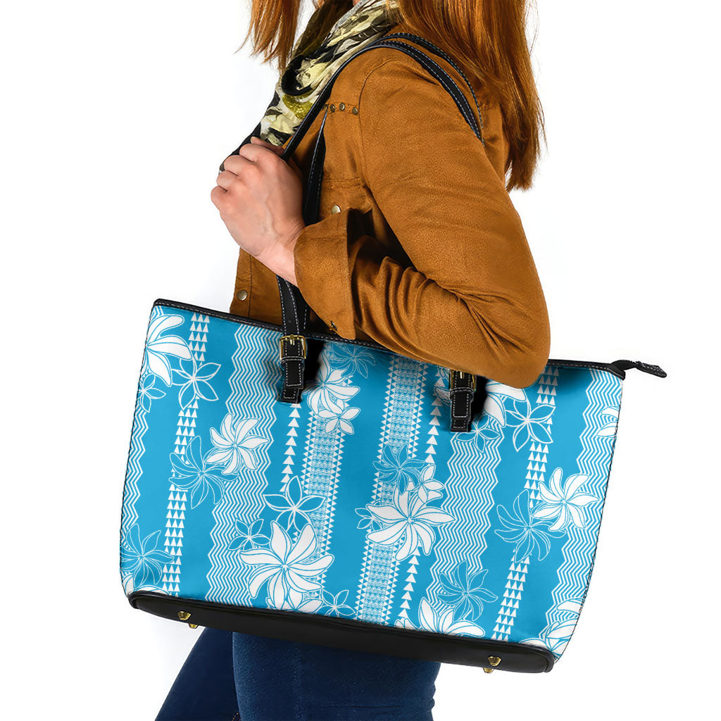 Hawaii Kakau Tribal Leather Tote Bag With Blue Tiare LT05 Blue - Polynesian Pride