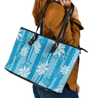 Hawaii Kakau Tribal Leather Tote Bag With Blue Tiare