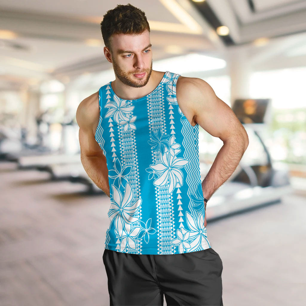 Hawaii Kakau Tribal Men Tank Top With Blue Tiare LT05 Blue - Polynesian Pride