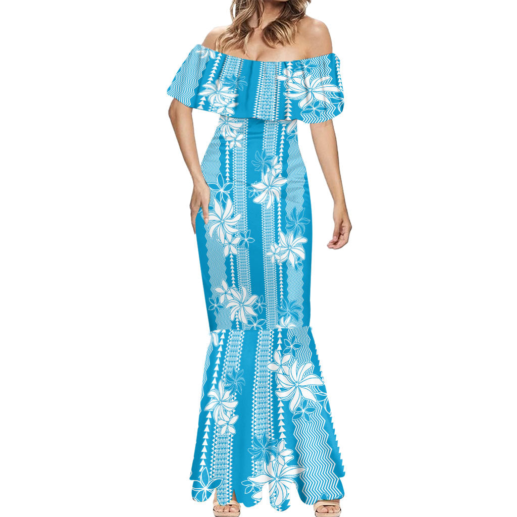 Hawaii Kakau Tribal Mermaid Dress With Blue Tiare LT05 - Polynesian Pride