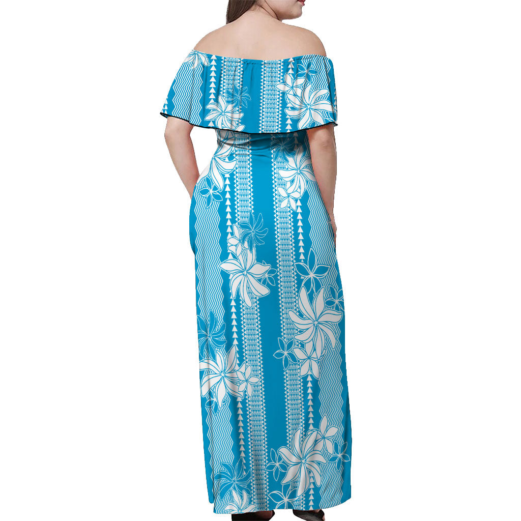 Hawaii Kakau Tribal Off Shoulder Maxi Dress With Blue Tiare LT05 - Polynesian Pride