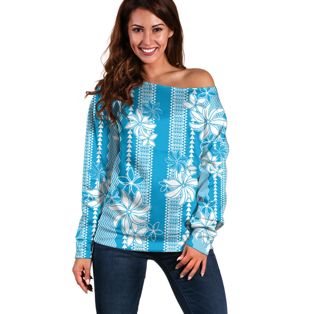 Hawaii Kakau Tribal Off Shoulder Sweater With Blue Tiare LT05 Women Blue - Polynesian Pride