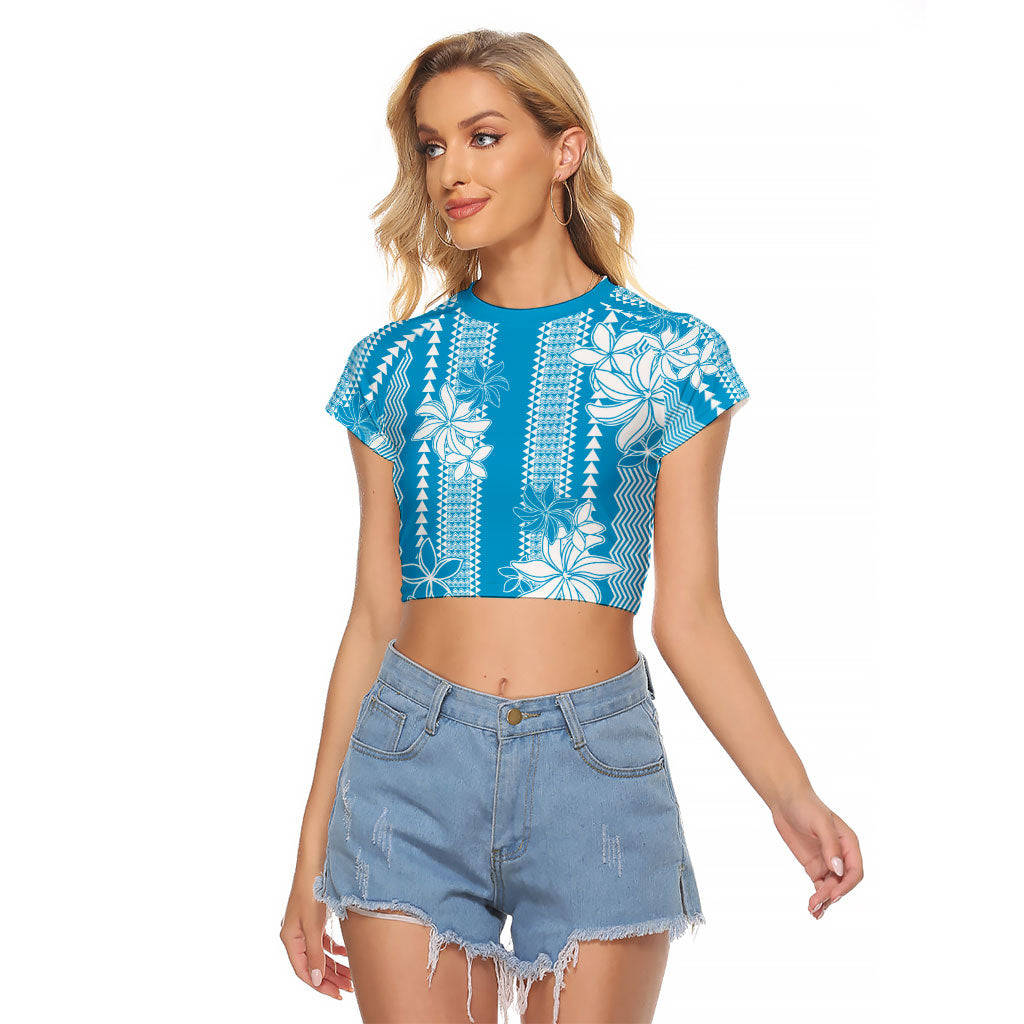 Hawaii Kakau Tribal Raglan Cropped T Shirt With Blue Tiare LT05 Female Blue - Polynesian Pride