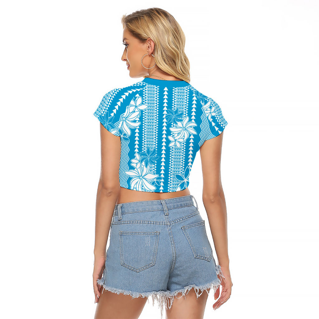 Hawaii Kakau Tribal Raglan Cropped T Shirt With Blue Tiare LT05 - Polynesian Pride