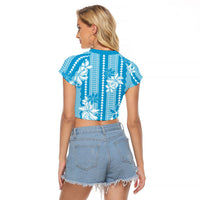 Hawaii Kakau Tribal Raglan Cropped T Shirt With Blue Tiare LT05 - Polynesian Pride