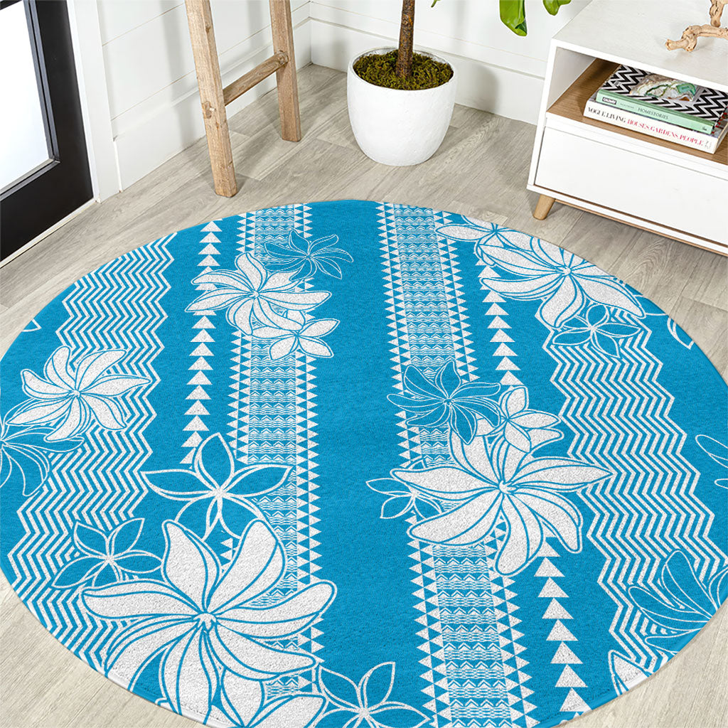 Hawaii Kakau Tribal Round Carpet With Blue Tiare LT05 Blue - Polynesian Pride