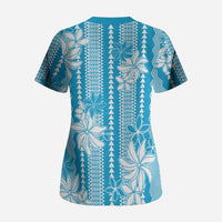 Hawaii Kakau Tribal Scrub Top With Blue Tiare