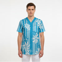 Hawaii Kakau Tribal Scrub Top With Blue Tiare