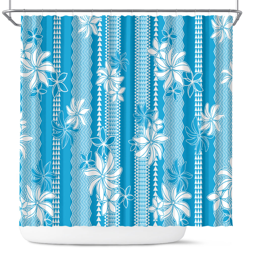 Hawaii Kakau Tribal Shower Curtain With Blue Tiare LT05 Blue - Polynesian Pride