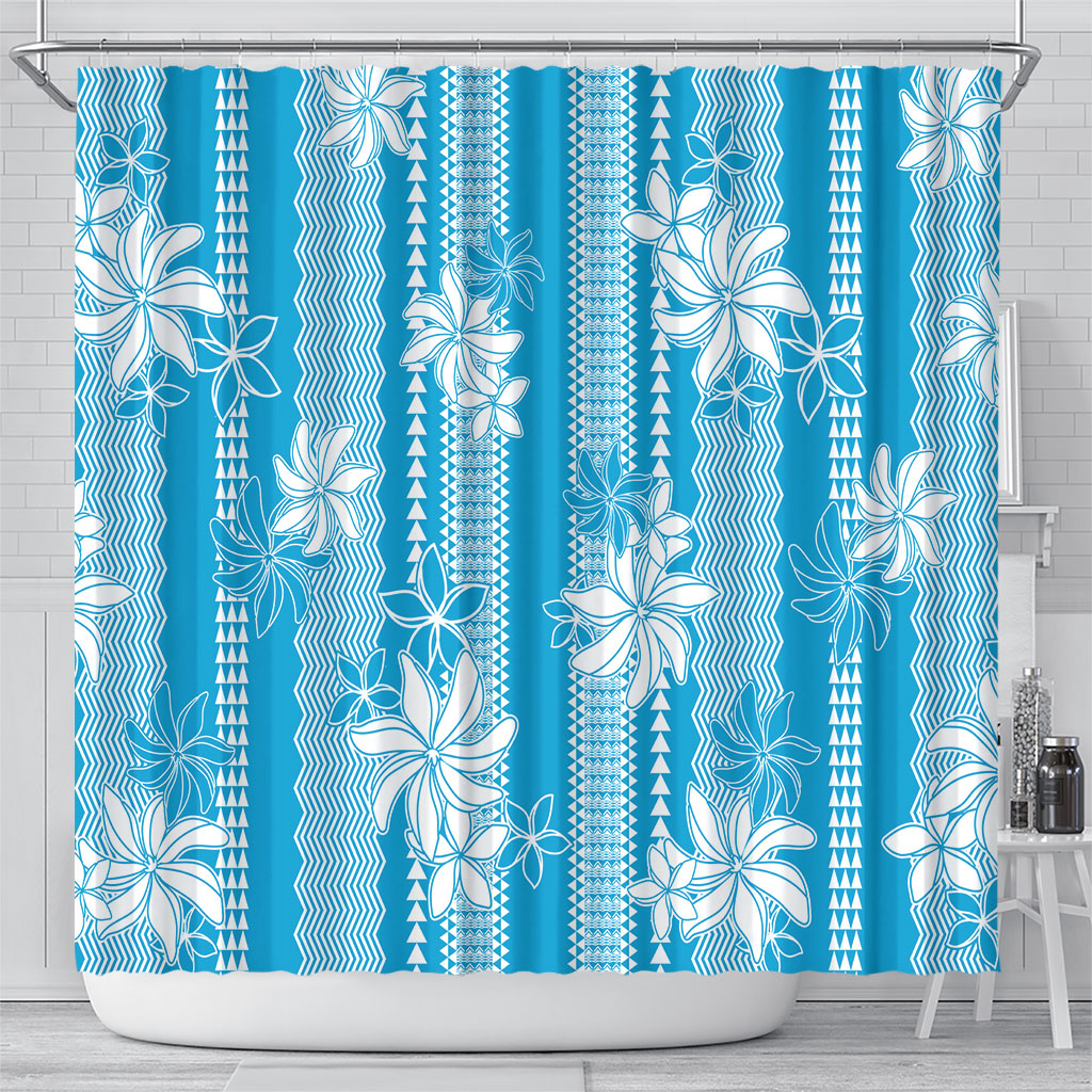 Hawaii Kakau Tribal Shower Curtain With Blue Tiare