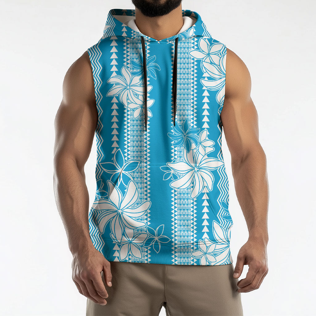 Hawaii Kakau Tribal Sleeveless Hoodie With Blue Tiare LT05 - Polynesian Pride
