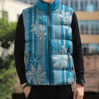 Hawaii Kakau Tribal Sleeveless Puffer Jacket With Blue Tiare
