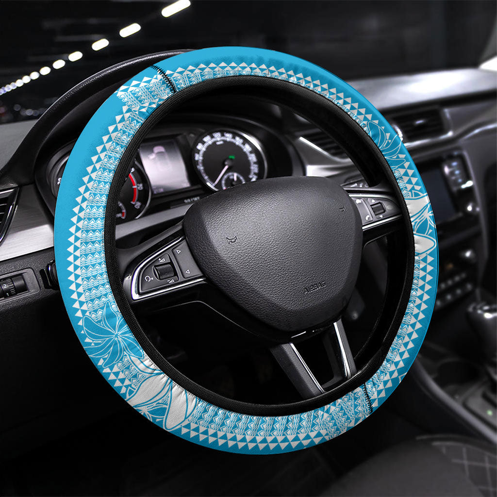 Hawaii Kakau Tribal Steering Wheel Cover With Blue Tiare LT05 Universal Fit Blue - Polynesian Pride