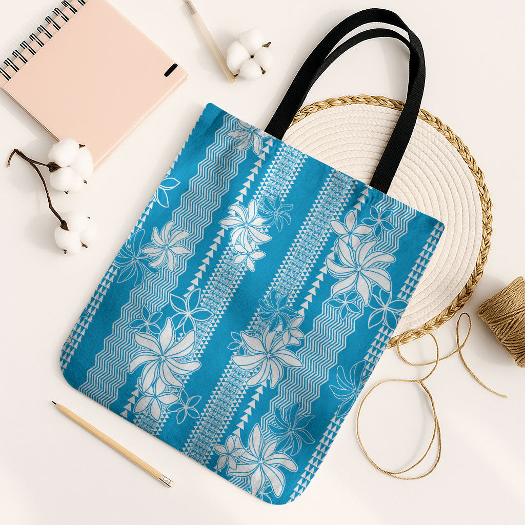 Hawaii Kakau Tribal Tote Bag With Blue Tiare LT05 Black Strap One Size Blue - Polynesian Pride