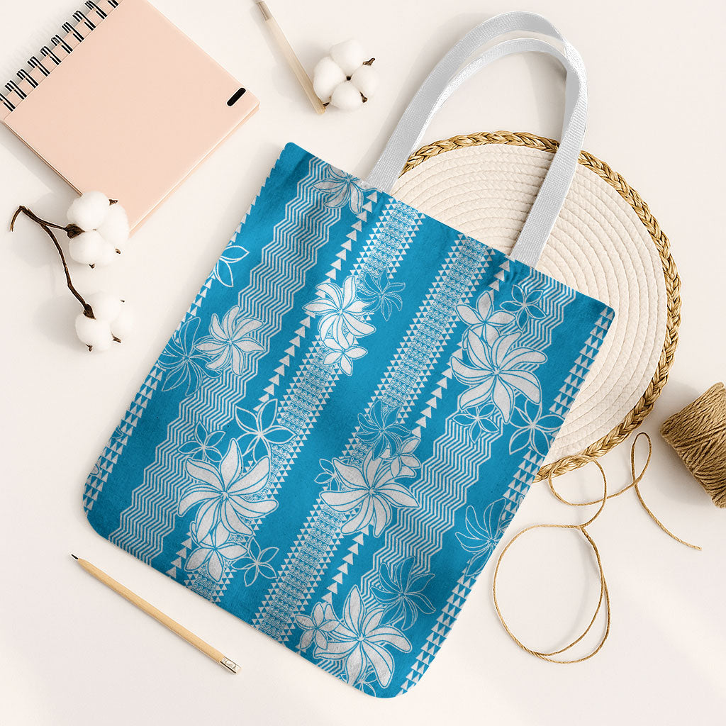 Hawaii Kakau Tribal Tote Bag With Blue Tiare