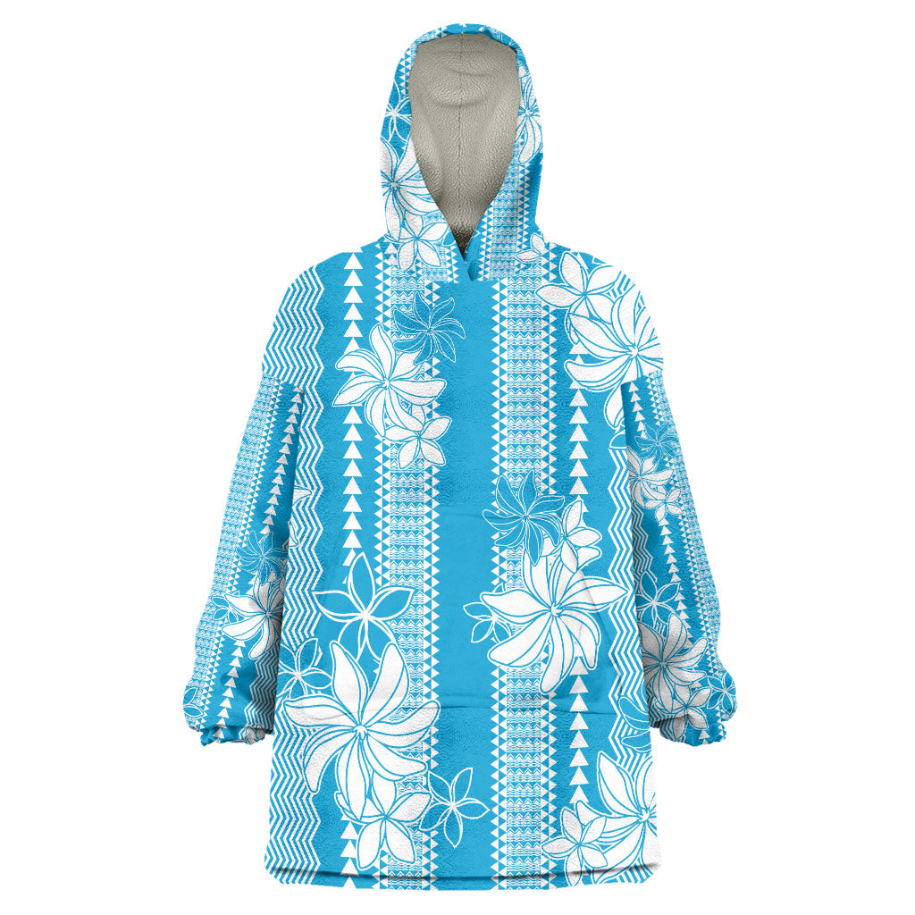 Hawaii Kakau Tribal Wearable Blanket Hoodie With Blue Tiare LT05 One Size Blue - Polynesian Pride
