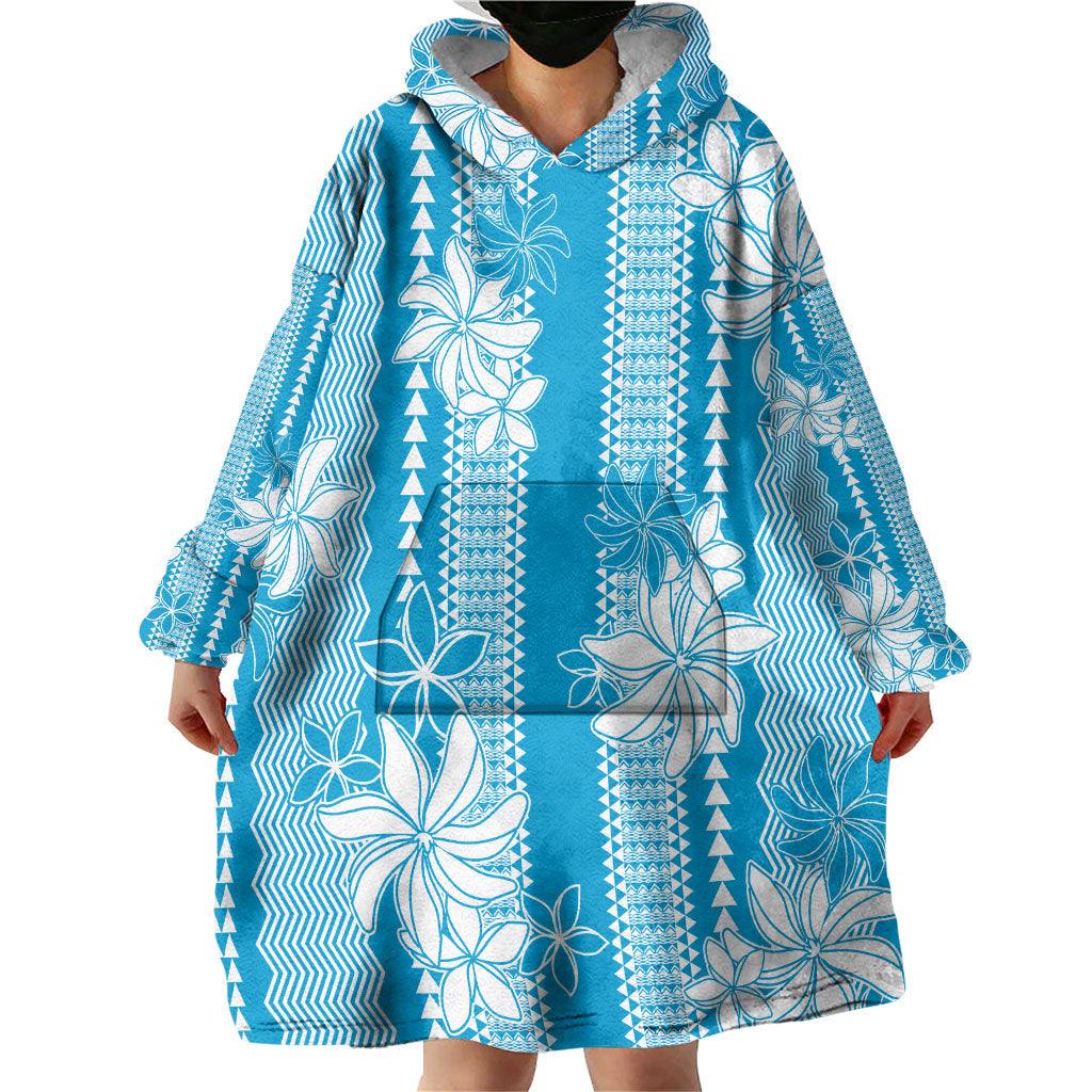 Hawaii Kakau Tribal Wearable Blanket Hoodie With Blue Tiare