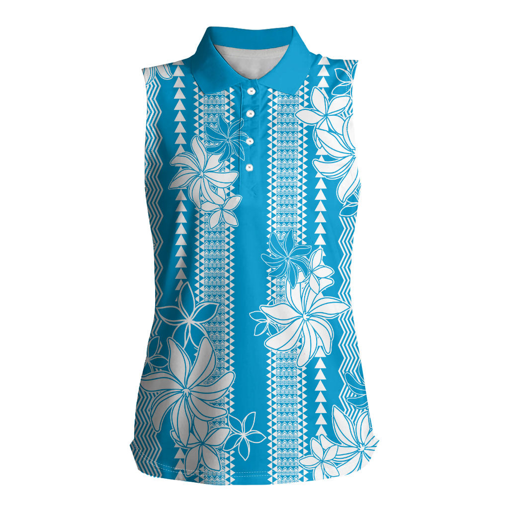 Hawaii Kakau Tribal Women Sleeveless Polo Shirt With Blue Tiare