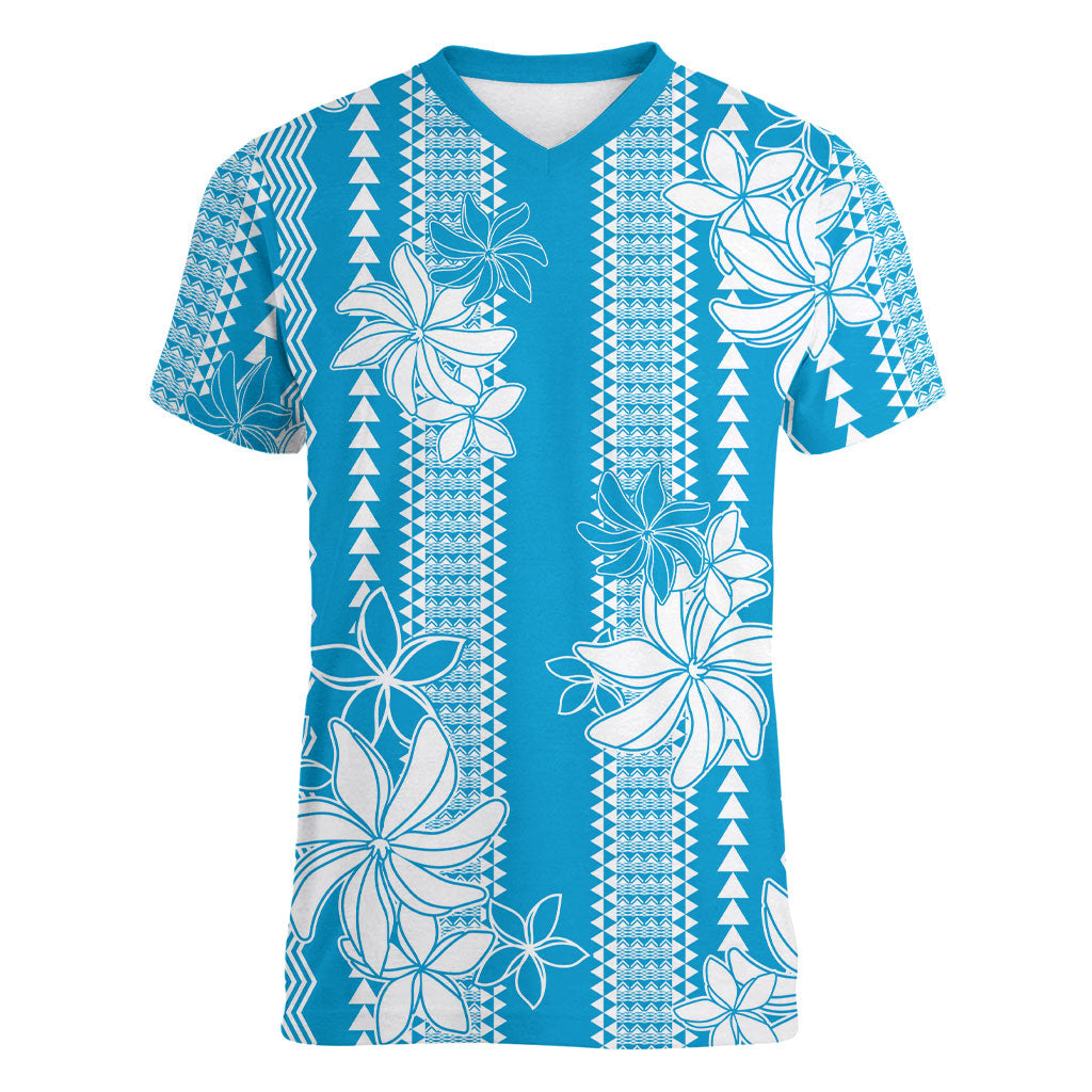 Hawaii Kakau Tribal Women V-Neck T-Shirt With Blue Tiare LT05 Female Blue - Polynesian Pride