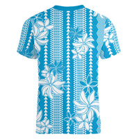 Hawaii Kakau Tribal Women V-Neck T-Shirt With Blue Tiare LT05 - Polynesian Pride