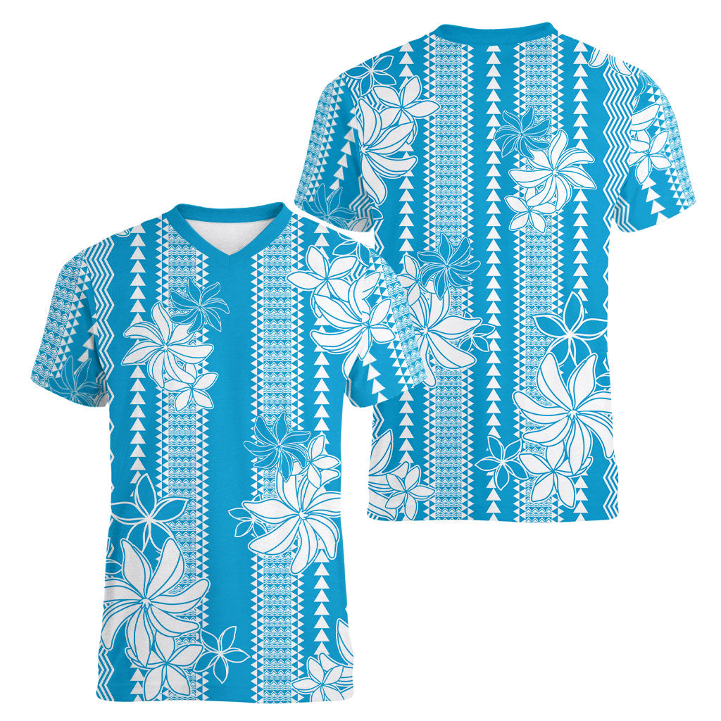 Hawaii Kakau Tribal Women V-Neck T-Shirt With Blue Tiare LT05 - Polynesian Pride