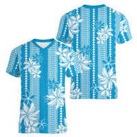 Hawaii Kakau Tribal Women V-Neck T-Shirt With Blue Tiare LT05 - Polynesian Pride