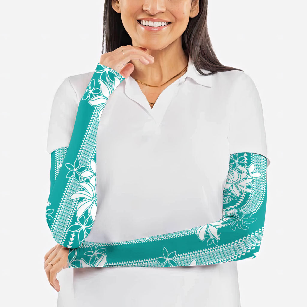Hawaii Kakau Tribal Arm Sleeves With Teal Tiare LT05 - Polynesian Pride