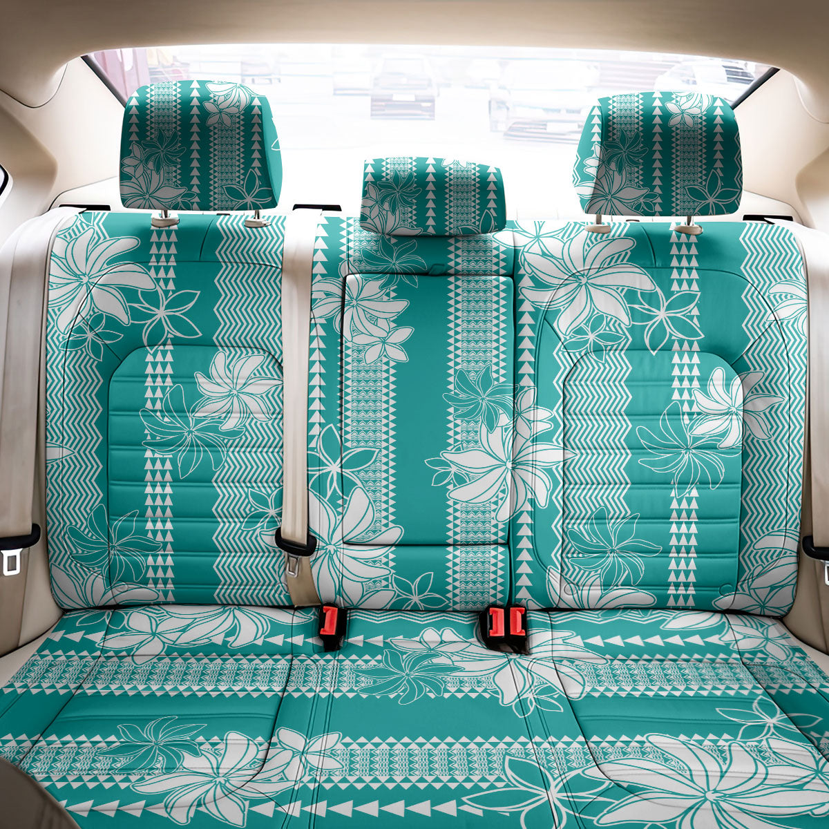 Hawaii Kakau Tribal Back Car Seat Cover With Teal Tiare LT05 - Polynesian Pride
