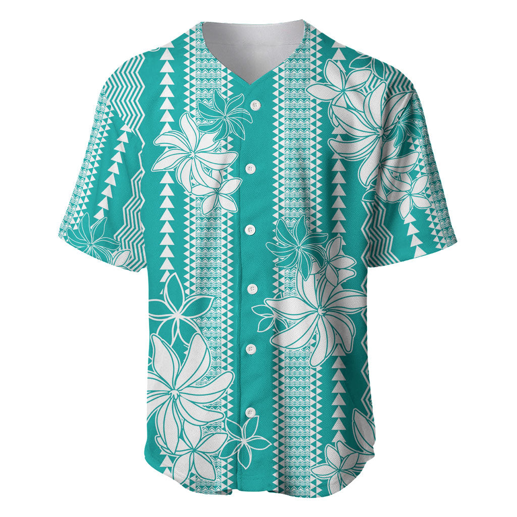 Hawaii Kakau Tribal Baseball Jersey With Teal Tiare LT05 Teal - Polynesian Pride