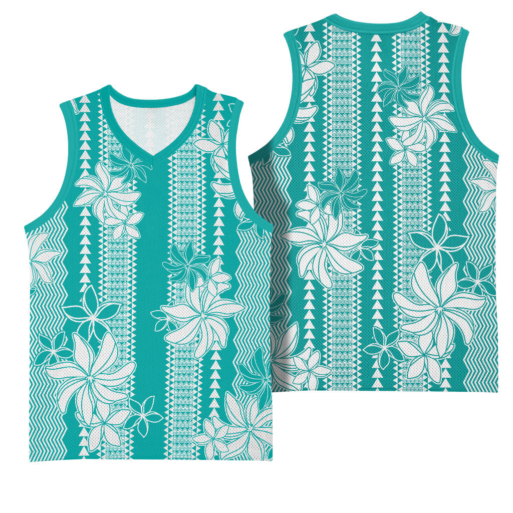 Hawaii Kakau Tribal Basketball Jersey With Teal Tiare LT05 - Polynesian Pride