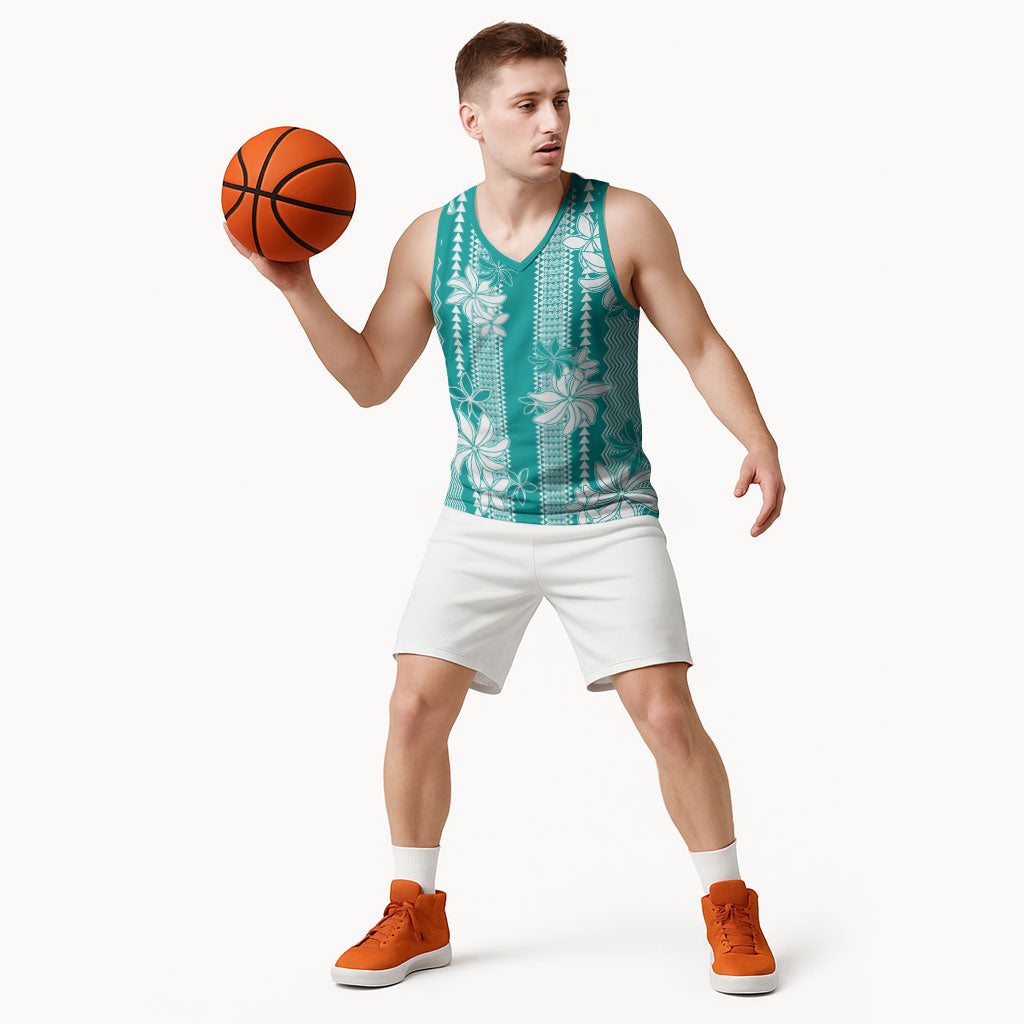Hawaii Kakau Tribal Basketball Jersey With Teal Tiare LT05 - Polynesian Pride