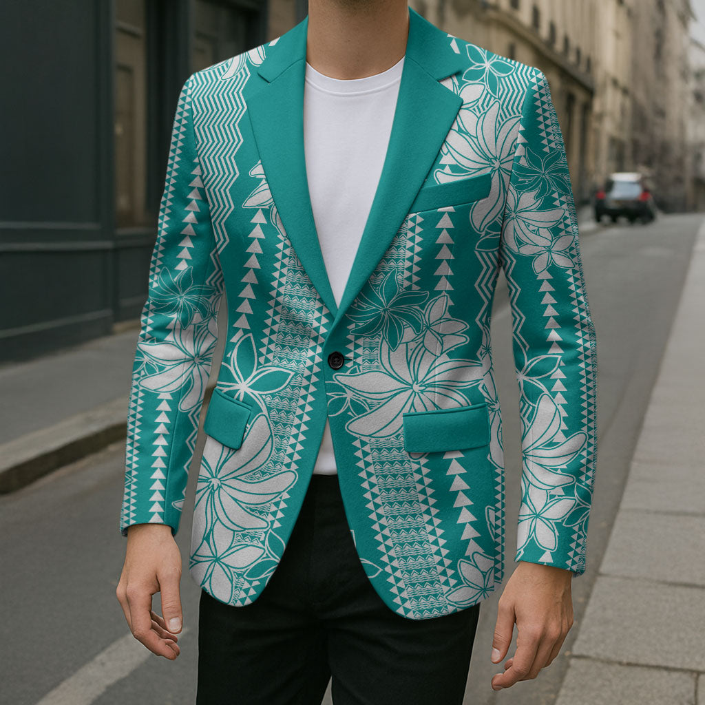Hawaii Kakau Tribal Blazer With Teal Tiare LT05 - Polynesian Pride