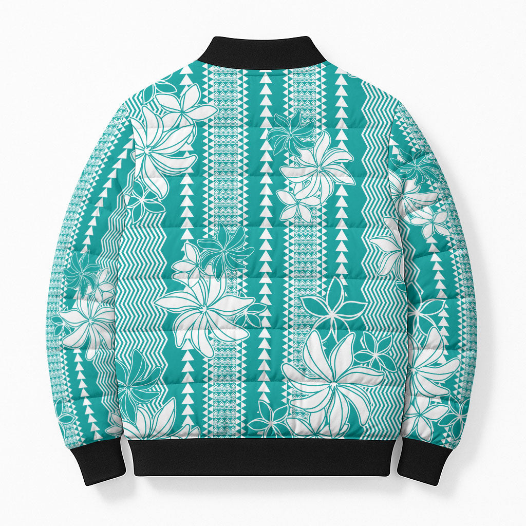 Hawaii Kakau Tribal Bomber Puffer Jacket With Teal Tiare LT05 - Polynesian Pride